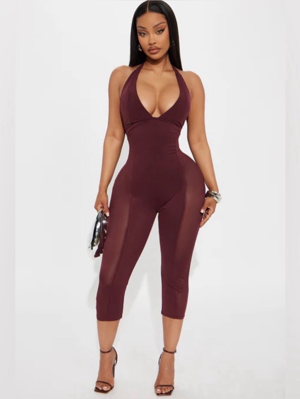 Fashion Nova Burgundy Halter Stretch Jumpsuit